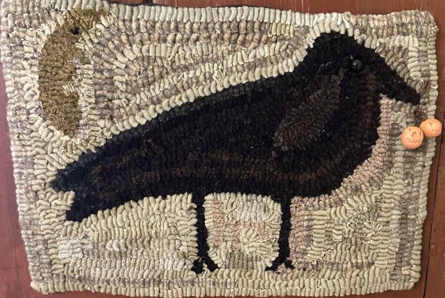 Crow With Moon And Clay, a Hand Hooked Rug by Jennifer McKelvie