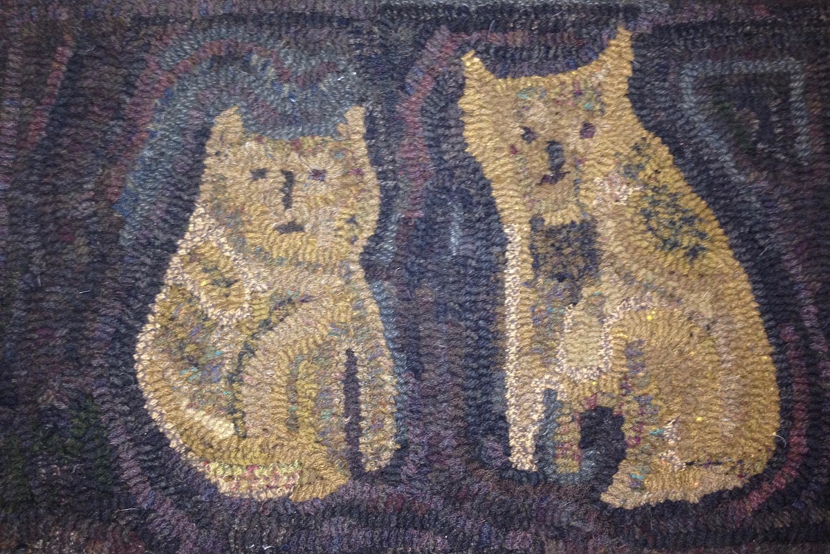 VINTAGE ORVIS 6 ADORABLE CATS DRINKING MILK HOOKED ROUND RUG 36 1/2